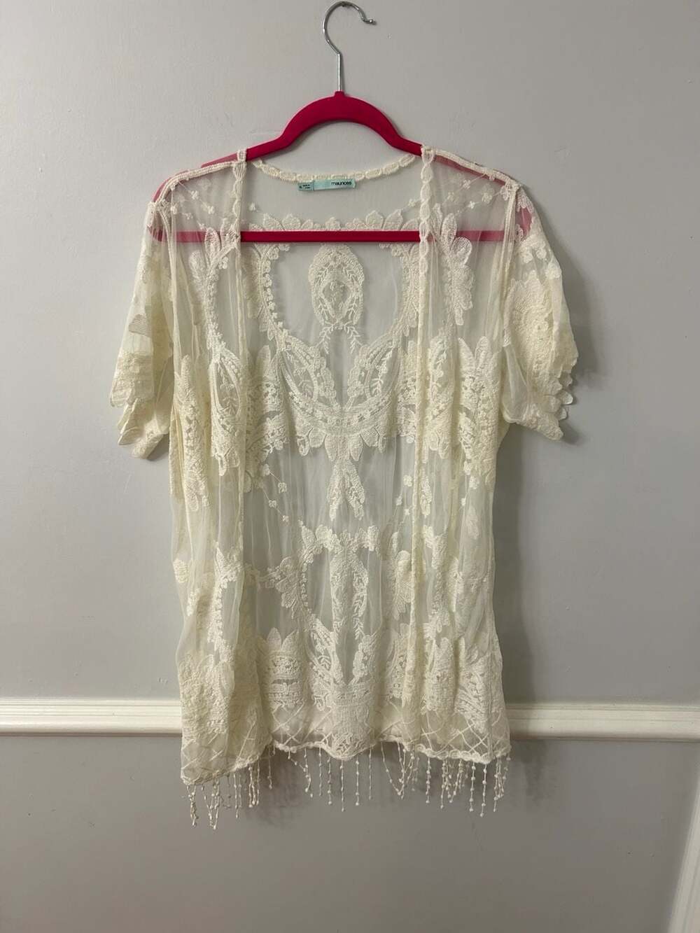 Maurices Cream Sheer Lace Embroidered Short Sleeve Kimono Cardigan w/Fringe